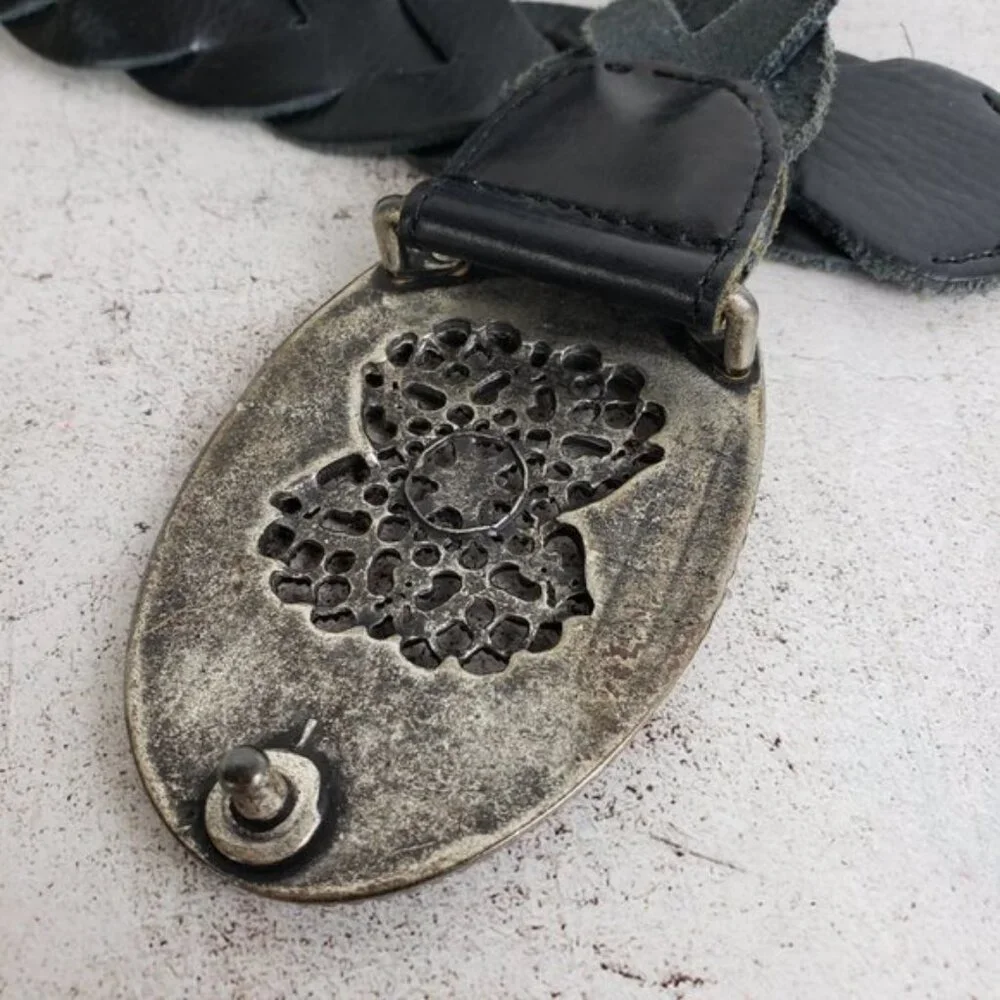 Vintage Bohemian Braided Leather Belt Enameled Metalwork Mandala Buckle